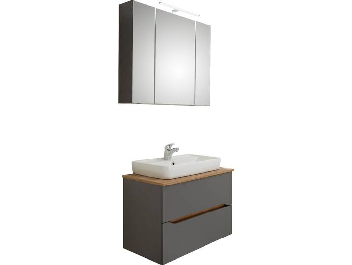 Badmöbel-Set SAPHIR Quickset 2-teilig, Keramik-Aufsatzbecken mit LED-Spiegelschrank , grau (quarzgrau matt, akzent riviera eiche quer nb), Kastenmöbel-Sets, Badmöbel-Set, 80 cm breit, 2 Schubladen, 3 Spiegeltüren, 6 Einlegeböden