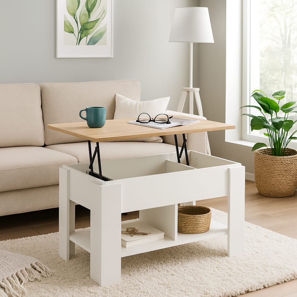 Urban Meuble Console blanche avec plateau relevable bois avec rangements Blanc 96x63x50cm
