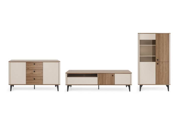 Deine Möbel 24 Wohnzimmer-Set AURO C mit Vitrine,Kommode & TV-Board, (Set, 3-St., AURO - Kollektion), optionale LED-Beleuchtung, in Kaschmir / Royal Nussbaum