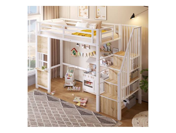 Ulife Hochbett Eisenrahmen, Lochwand, mehreren Regalen, Kinderbett, Jugendbett (Ohne Matratze) mit LED-Lichtleiste, ohne Matratze