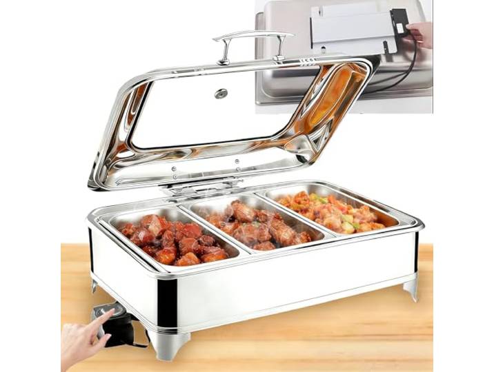 VFDZ Chafing Dish Elektrisch Glasdeckel, 9L Edelstahl(1/3 Pan) Einstellbarer Temperatur Speisewärmer Buffetwärmer, Warmhaltebehälter Essen Elektrisch für Hotels, Buffet, Catering