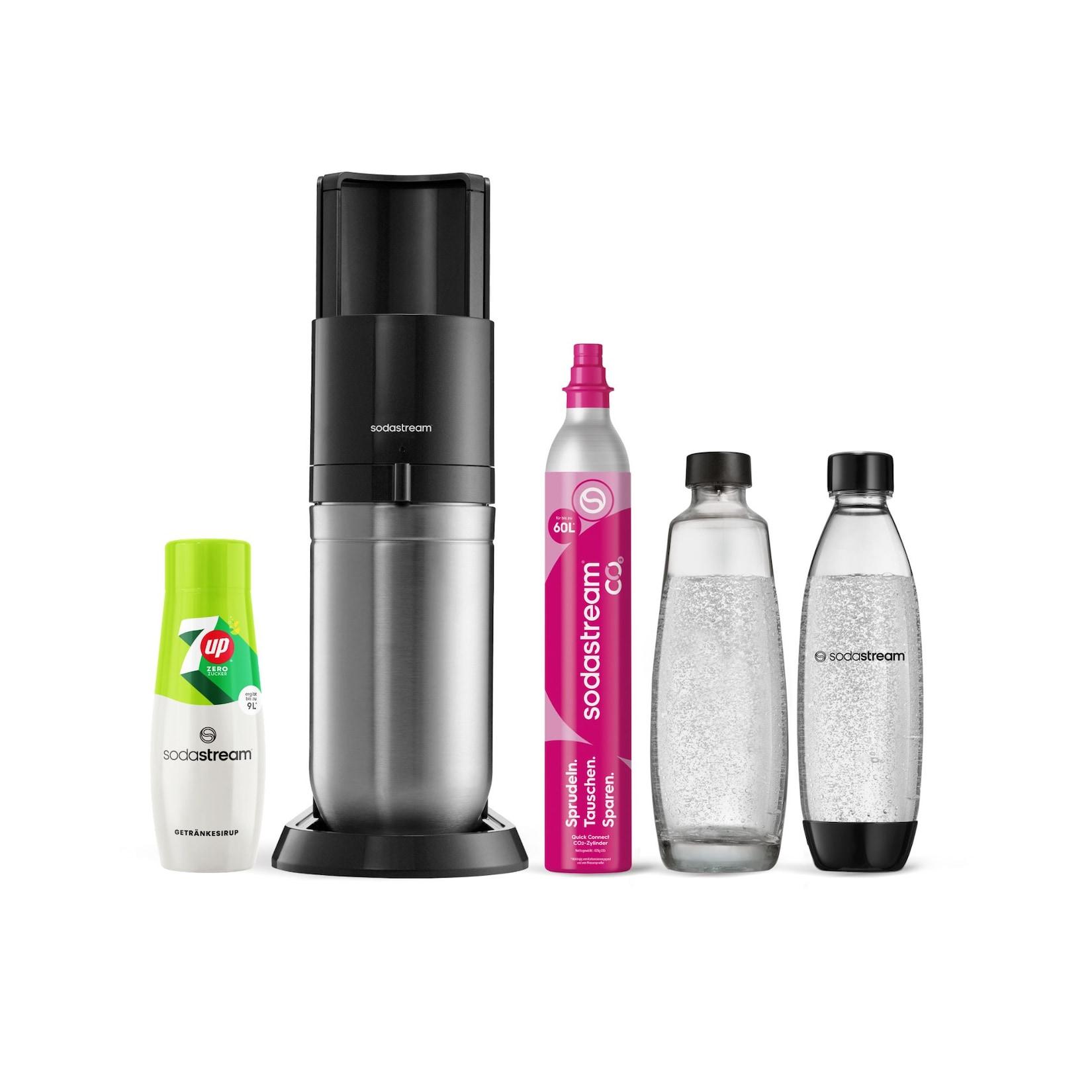 SodaStream Wassersprudler DUO mit 7UP Zero Sirup inkl. 1x 1L Glasflasche, 1x 1L Kunststoffflasche + Quick-Connect CO2-Zylinder Farbe: Titan