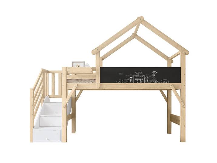 Komhtom Hausebett 90x200cm，Kiefer+MDF+Sperrholz, Weiß+Natur, Naturfarben, Holz, Mode, 90x200 cm, Babymöbel & Kindermöbel, Kinderzimmer & Jugendzimmer, Kinderbetten, Spielbetten