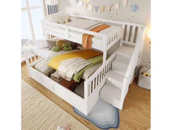 JOINERY Lit Superposé Enfant Rangement 90 x 200 140 x 200 Escalier Coffre Hydraulique Bois Pin MDF Blanc Chambre Familial