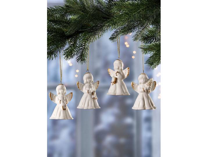 Glockenengel aus Porzellan, 4er-Set, Weiss-Gold