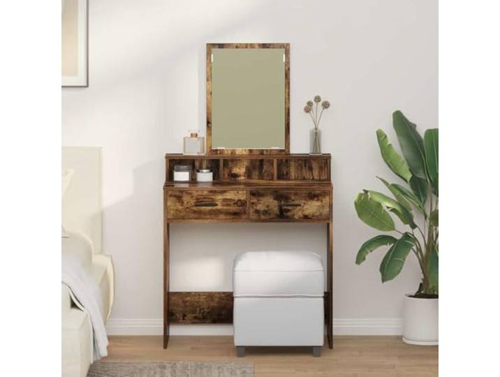 Schminktisch Geräucherte Eiche 79 x 41 x 140 cm Holzwerkstoff mit Spiegel Geräucherte Eiche, Holzwerkstoff, Schubladen, Spiegel, Schlafzimmer, pflegeleicht, matte Oberfläche, Montage zu zweit