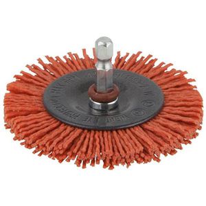 Wolfcraft Drahtbürste 1500000, Scheibenbürste Ø 75mm, für Bohrmaschine 6kant-Schaft, mit gewellten Borsten aus Nylon