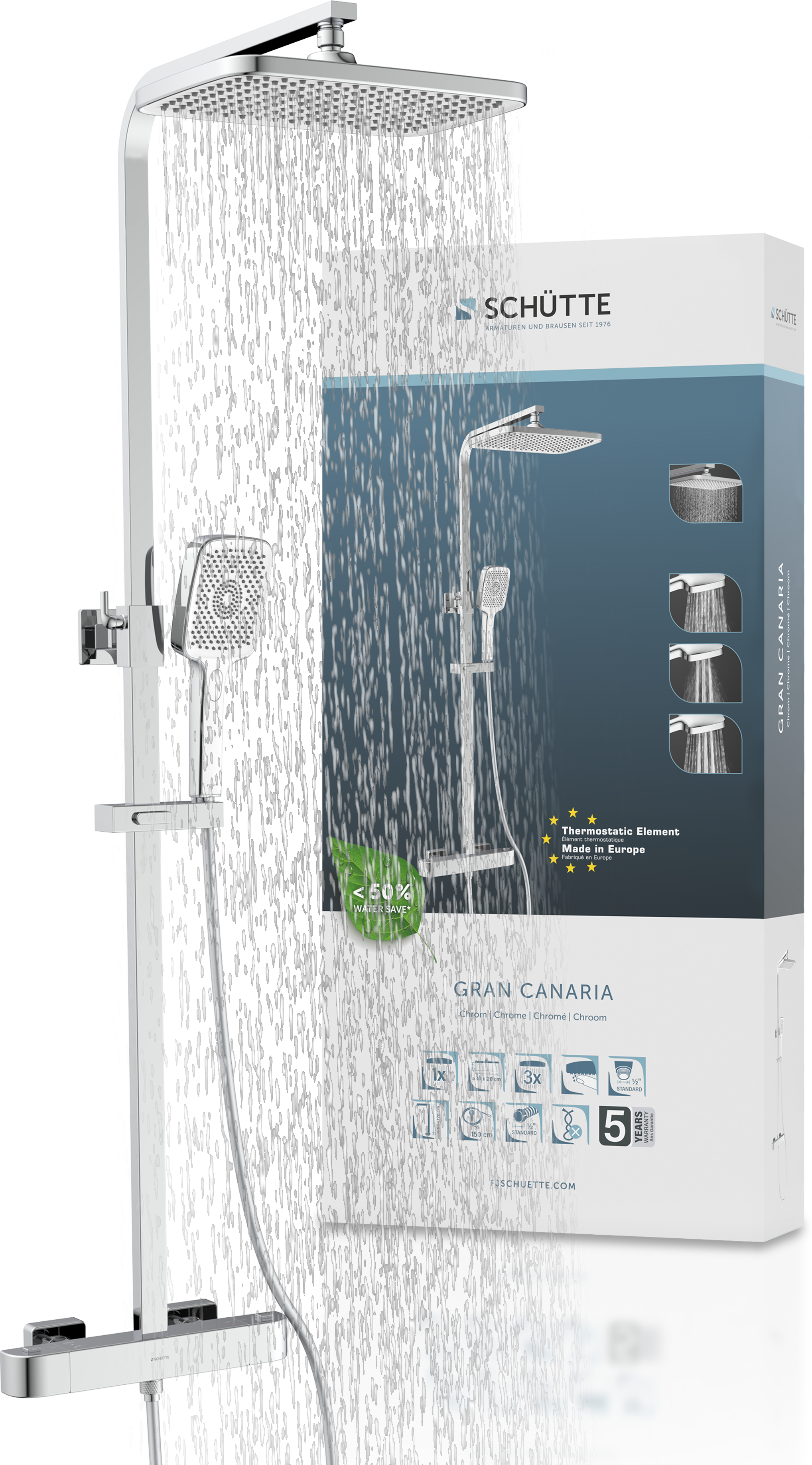 Duschsystem SCHÜTTE "GRAN CANARIA", silber (chrom), H:115cm, Edelstahl, Brausegarnituren, Duschsystem, Regendusche 30x20 cm, Umsteller, Antikalk, 3 Strahlarten, Thermostat chrom Einheitsgröße