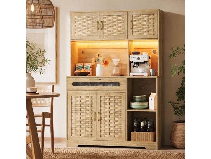 Buffet haut IVMEU 120x40x180 cm LED portes effet tressé 1 tiroir MDF et métal naturel