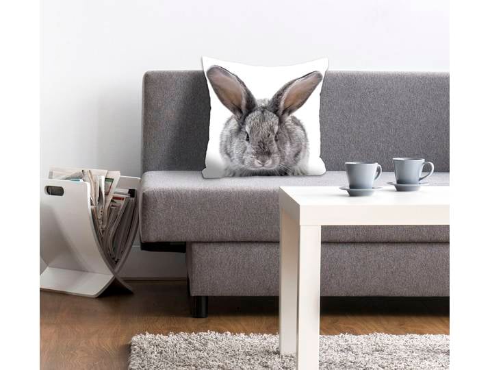 Dekokissen QUEENCE Sixten , grau (grau, bedruckt), B:40cm L:40cm, Polyester, Dekokissen_Sitzkissen_Kissenhüllen, Dekokissen, mit einem flauschigen Hasen