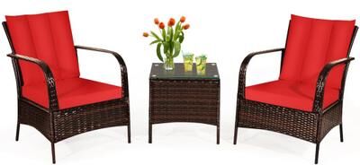 Costway 3 Pcs Patio Conversation Rattan Furniture Set with Glass Top Coffee Table and Cushions-Red