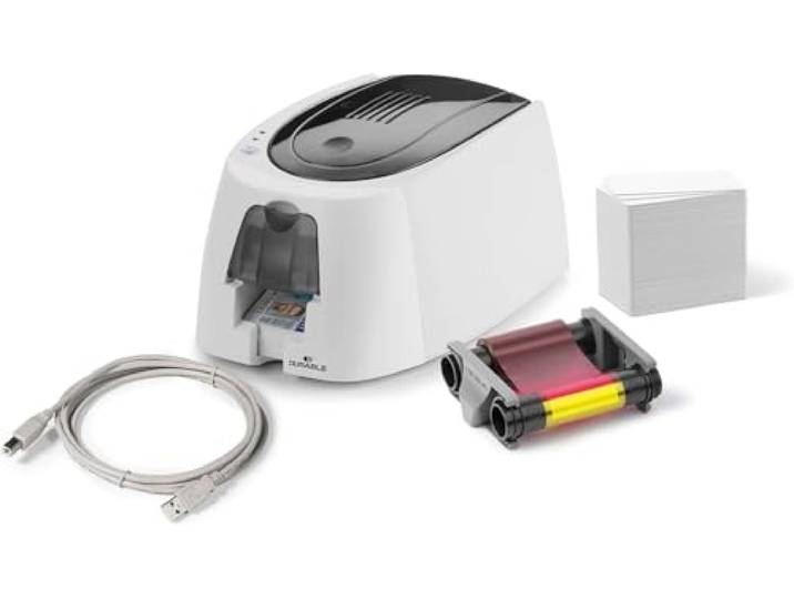Durable Duracard ID300 Imprimante à Cartes\, 100 pièces\, Blanc\, 891000 Kit complet avec ruban couleur YMCKO\, 100 cartes plastiques 85.6x54 mm\, pour badges de membre\, fidélité et étudiant
