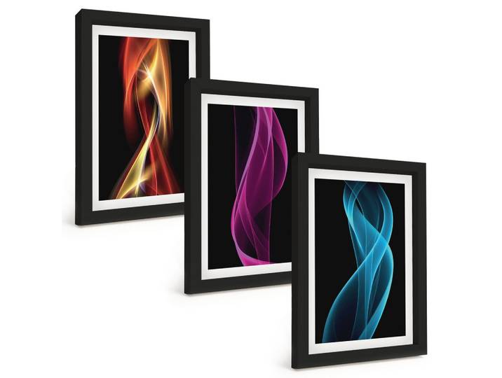 BILDER SET 3er Set - 20x30 cm Schwarzer Rahmen - Neonwellenlinien auf dunklem Hintergrund
