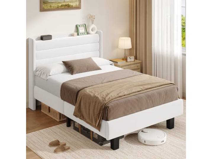 iPormis Polsterbett 90 x 200 cm, Weiß, Mit Leinenartigem Kopfteil Und MetalLbettgestell. Geeignet Für Schlafzimmer, Gästezimmer Und Jugendzimmer