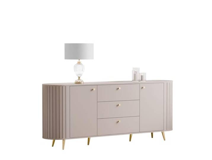 Lookway Kommode Elodie II 2D3S 190 – Elegante Sideboard mit vertikalen Fräsungen, abgerundeten Seiten & schrägen Metallfüßen, modernes Design für Wohnzimmer oder Esszimmer (Kaschmir, Beine: Gold)