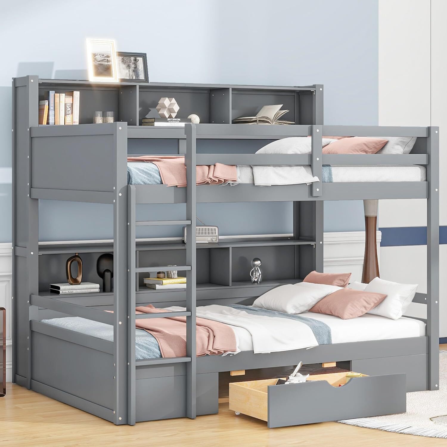 Fortuna Lai 90x200cm Etagenbetten, Kinderbetten, Einzelbetten, Etagenbetten, mit Schubladen, mit Staufächern, für Jugend, Grau