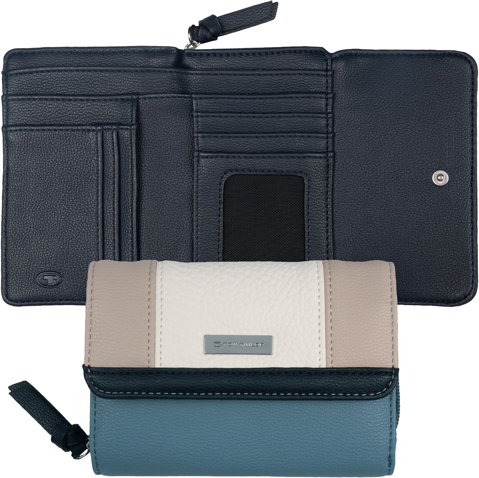 Geldbörse TOM TAILOR "Juna", Damen, blau, Polyurethan, gepflegt, kontrastfarbene Details, mehrfarbig, Kleinlederwaren Geldbörse, aus soft genarbtem ledrigen Material mit glänzenden Metall-Accessoires blau Einheitsgröße