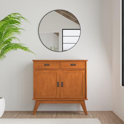 Simpli Home "Wyndenhall Tierney 36 inch Wide Solid Wood Mid Century Modern Entryway Storage Cabinet in Teak Brown - 14"" d x 36"" w x 36"" h"