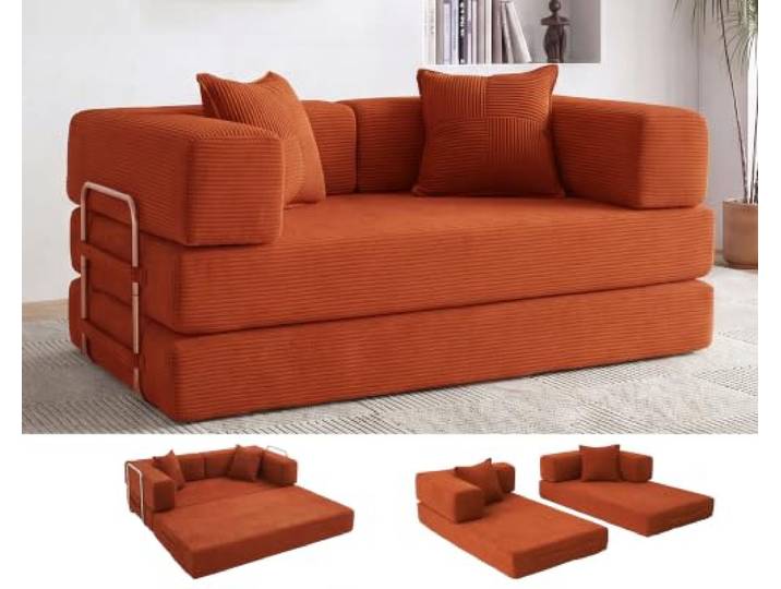 Vipbear Modular Schlafsofa 160cm, 5-in-1Boneless Couch Wohnzimmer Orange Bodensofa Bed, Hochdichter Schaumstoff, Umwandelbares Vielseitig 2-Sitzer Schlafsofa mit Schlaffunktion, Keine Montage