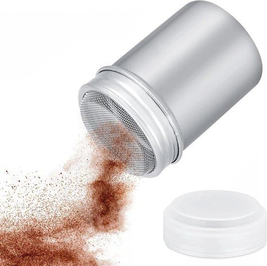Roestvrijstalen koffie- en cacaopoeder schudbeker met fijnmazig zeefje en deksel, zilver, rond