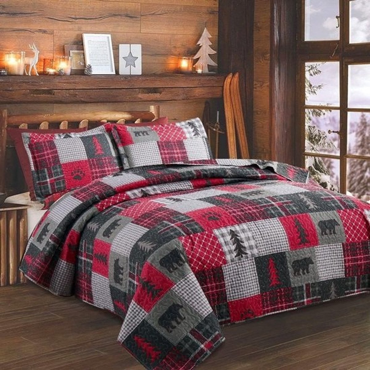 Omkeerbaar Plaid Dekbedovertrek Set met Berenprint in Rustic Lodge Stijl