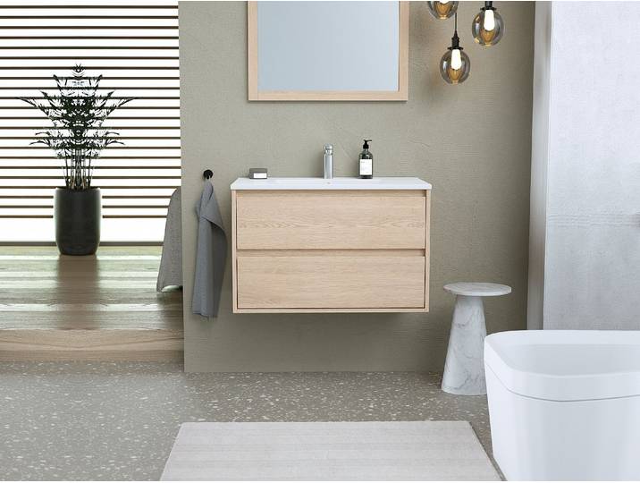 Waschbeckenunterschrank hängend mit Einbauwaschbecken - 80 cm - Eichenholzfurnier - MILIPAM