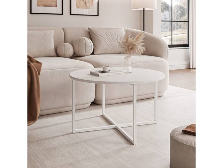 Table Basse Ronde BESARO - Structure en Acier - 75x47 cm - Style Industriel - Blanc