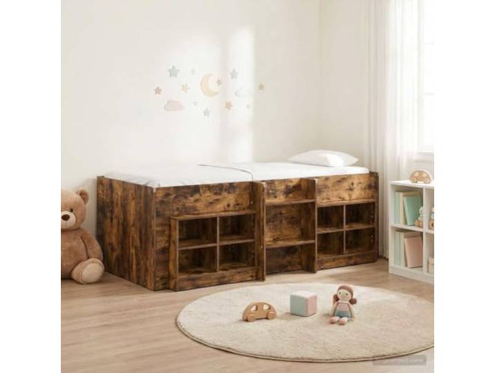 RJPLMFV Loft Bettrahmen mit Schrank, 3-teilig, Eiche rauchfarben Langlebiges Holzwerkstoff, integrierte Leiter, Lattenrost inklusive, integrierte Aufbewahrung, einfache Montage