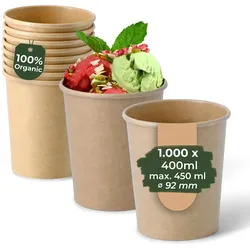 BIOZOYG 1000 Stück Eisbecher Pappe 400 ml braun  - umweltfreundlich, recycelbar, plastikfrei - Joghurtbecher, Papierbecher