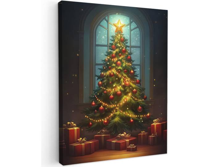 MuchoWow Leinwandbild - Weihnachtsbaum - Geschenk - Winter - 60x80 - Gemälde, Grün, Textil, Kiefer, Abstrakt, Rechteckig, 60x80 cm, gerahmt, Bilder & Rahmen, Bilder, Wandbilder
