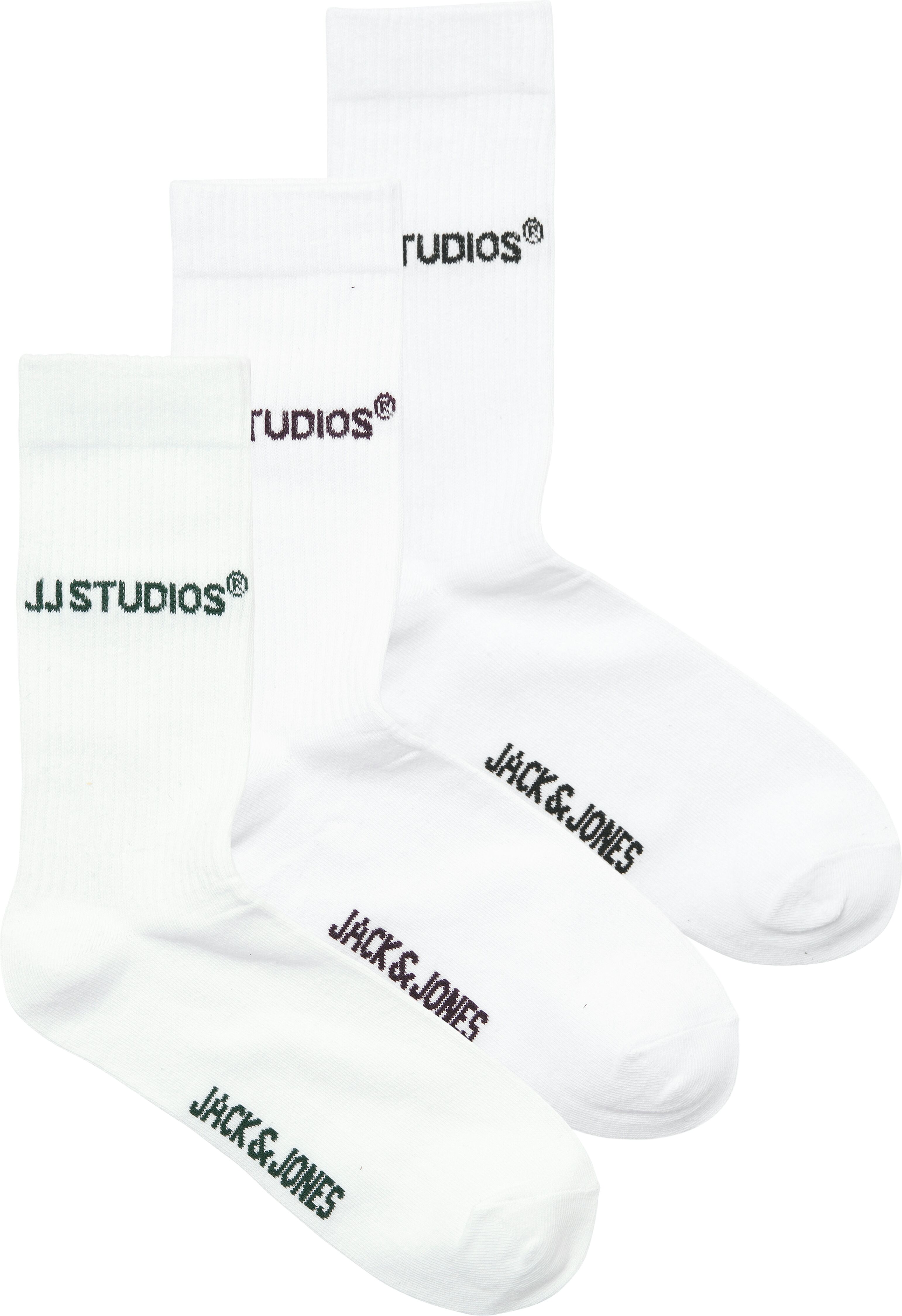 Freizeitsocken JACK & JONES "JACSOHO TENNIS SOCKS 3 PACK NOOS", Herren, weiss (weiß pack:duffel bag logo, schwarz logo, plum perfect logo), Baumwollmischung, unifarben, Socken Freizeitsocken, mit Logostickerei weiß pack:duffel bag logo, schwarz logo, plum
