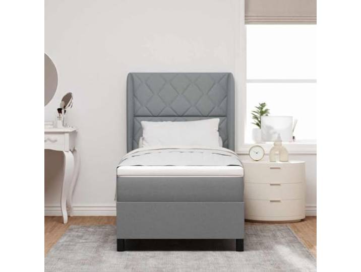 KTHLBRH Boxspringbett hellgrau 100 x 200 cm mit Kopfteil Massivholzrahmen, mittlere Matratze, verstellbares Kopfteil für modernes Schlafzimmer