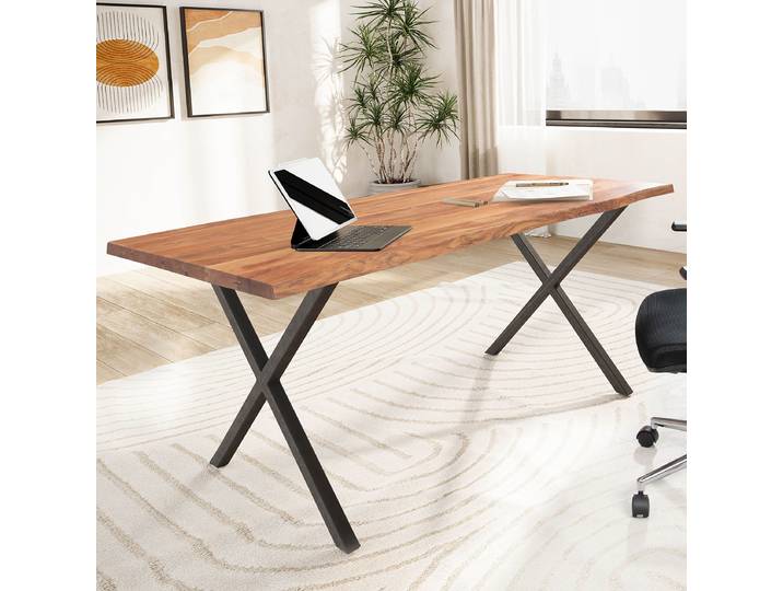 Bureau massif Rebaya 180 x 90cm Marron Forme en X Noir