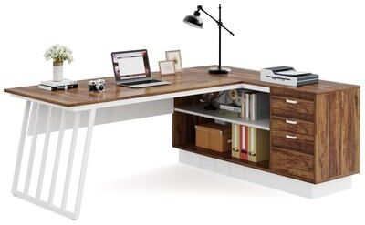 Bluebell 71 Inch Modern Executive Desk, L-Shaped Desk with Cabinet,Brown and White