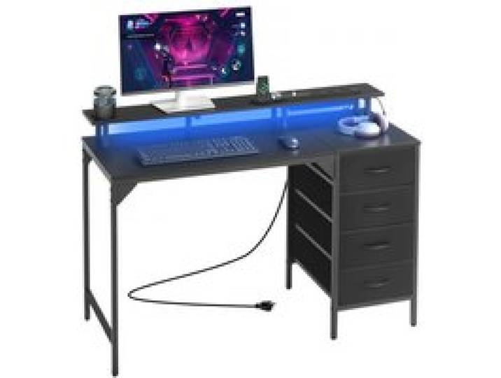 VEVOR Computertisch Bürotisch Schreibtisch mit intelligenten LED-Leuchten & Steckdosen, Arbeitstisch mit 4 großen Schubladen & Monitorständer, Arbeitszimmer Wohnzimmer Homeoffice Schwarz