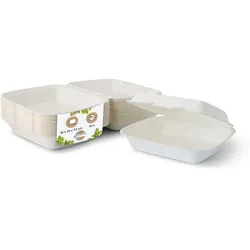 BIOZOYG 50 Stück weiße Speiseboxen, Menüboxen aus Zuckerrohr 25 x 20 x 7,5 cm Essen-To-Go-Boxen, Take Away Faltdeckelboxen, biologisch abbaubar