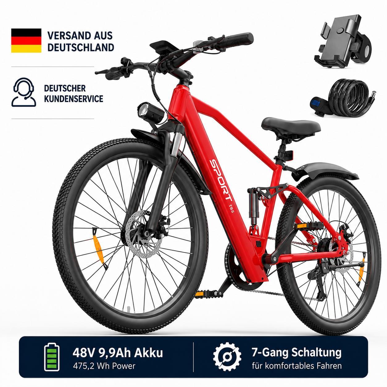 PiXELPiLOT T8S E Bike, Trekking E-Bikes Doppelte Federung, 250W Pedelec, 48V Akku, Shimano 7-Gang, LED-Licht, LCD Display