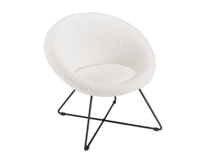 Fauteuil tissu bouclette blanc pieds croisés métal noir