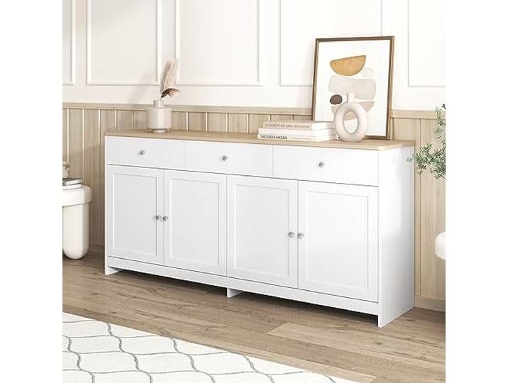 FurnitureR Highboard Cabinet with Plenty of Storage, White and Oak Finish, Durable Construction, Sleek Design, Home and Office, Space-Saving Solution, Sturdy Metal Hardware