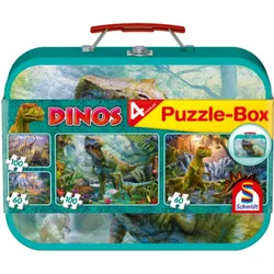 Schmidt Spiele - Kinderpuzzle - Dinos, Puzzle-Box im Metallkoffer, 2x100, 2x60 Teile