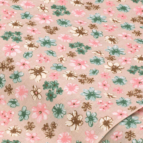Baumwollstoff Blütenköpfe "Mona", hellbraun/rosa/mint