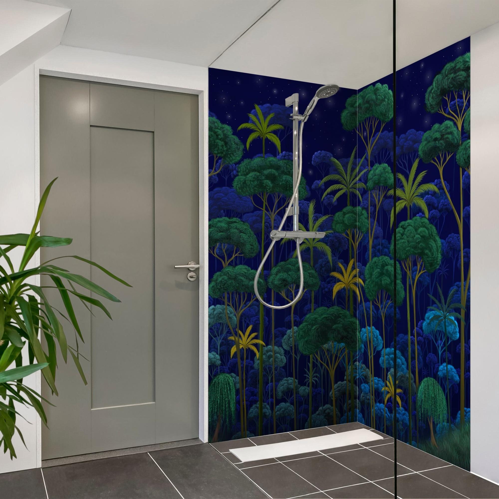 Duschrückwand Wald selbstklebend - 0.61 mm Wandpaneel wasserfest Asien blau Tropisch Badrückwand fugenlos Premium matt 90x210 cm