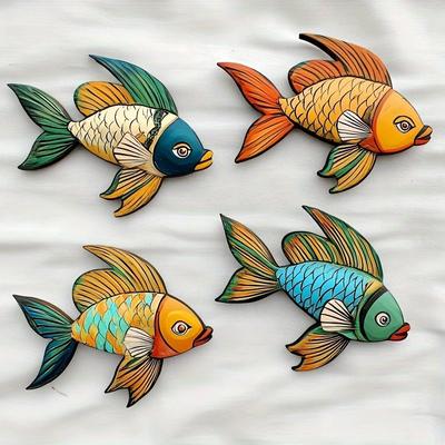 Inspire Select 4pcs Tropical Fish Wooden Wall Art Rustic Nautical 2D Hanging Decor For Coastal Home Styling 1