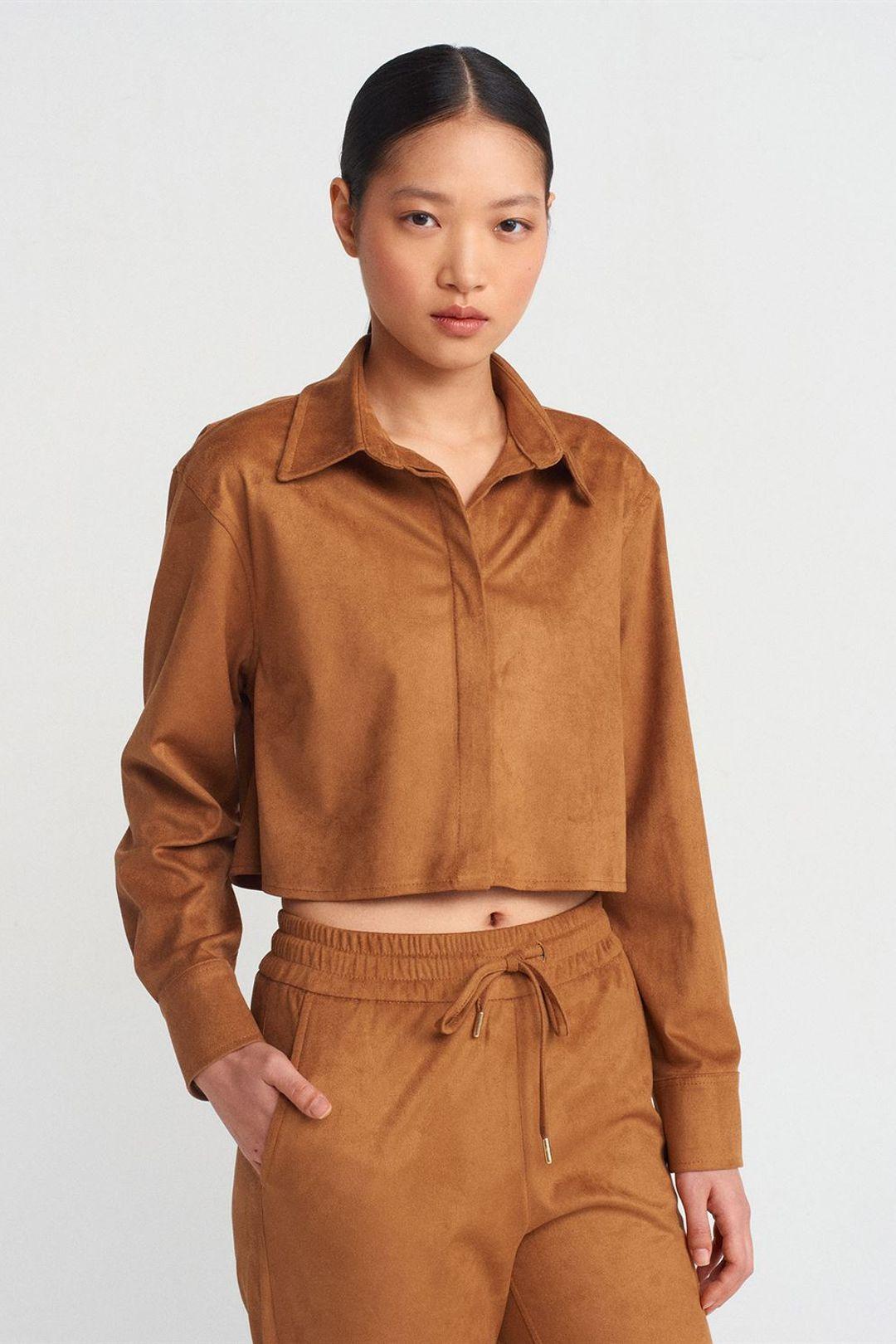 Dames Korte Nep Suede Knopen Shirt
