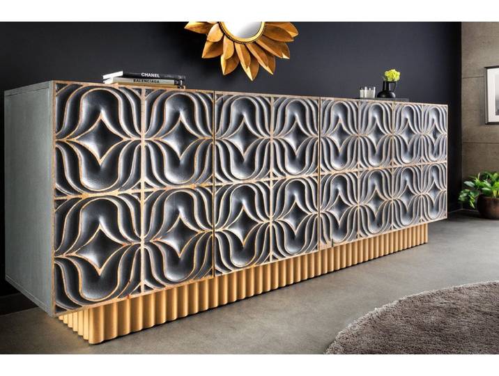 riess-ambiente Sideboard PIAZZA SAN MARCO 180cm grau / gold (Einzelartikel, 1 St), Mango-Massivholz · mit Stauraum · 3D Design · handmade · Wohnzimmer