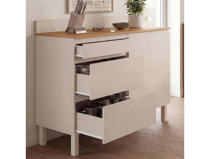 Buffet bas casserolier de cuisine 120 cm CLAUDE plan de travail effet bois H.83 cm 1 porte + 3 tiroirs beige