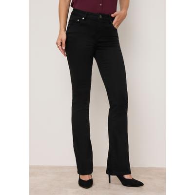 Bootcut-Jeans TAMARIS "mit lockerem Schnitt, aus fließender Viskose-Qualität", Damen, Gr. 38, N-Gr, schwarz, Denim/Jeans, Obermaterial: 74% Baumwolle, 24% Polyester, 2% Elasthan, unifarben, bootcut fit lang, Jeans, Reguläre Leibhöhe, Bootcut, mit...