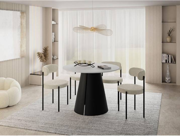 Esstisch Rund Ausziehbar im Loft-Stil – 120 bis 200 cm – Industrieller Platzsparender Tisch mit Schwarzen Konischem Metallbeinen für 6 bis 10 Personen, Esszimmer – Weiß