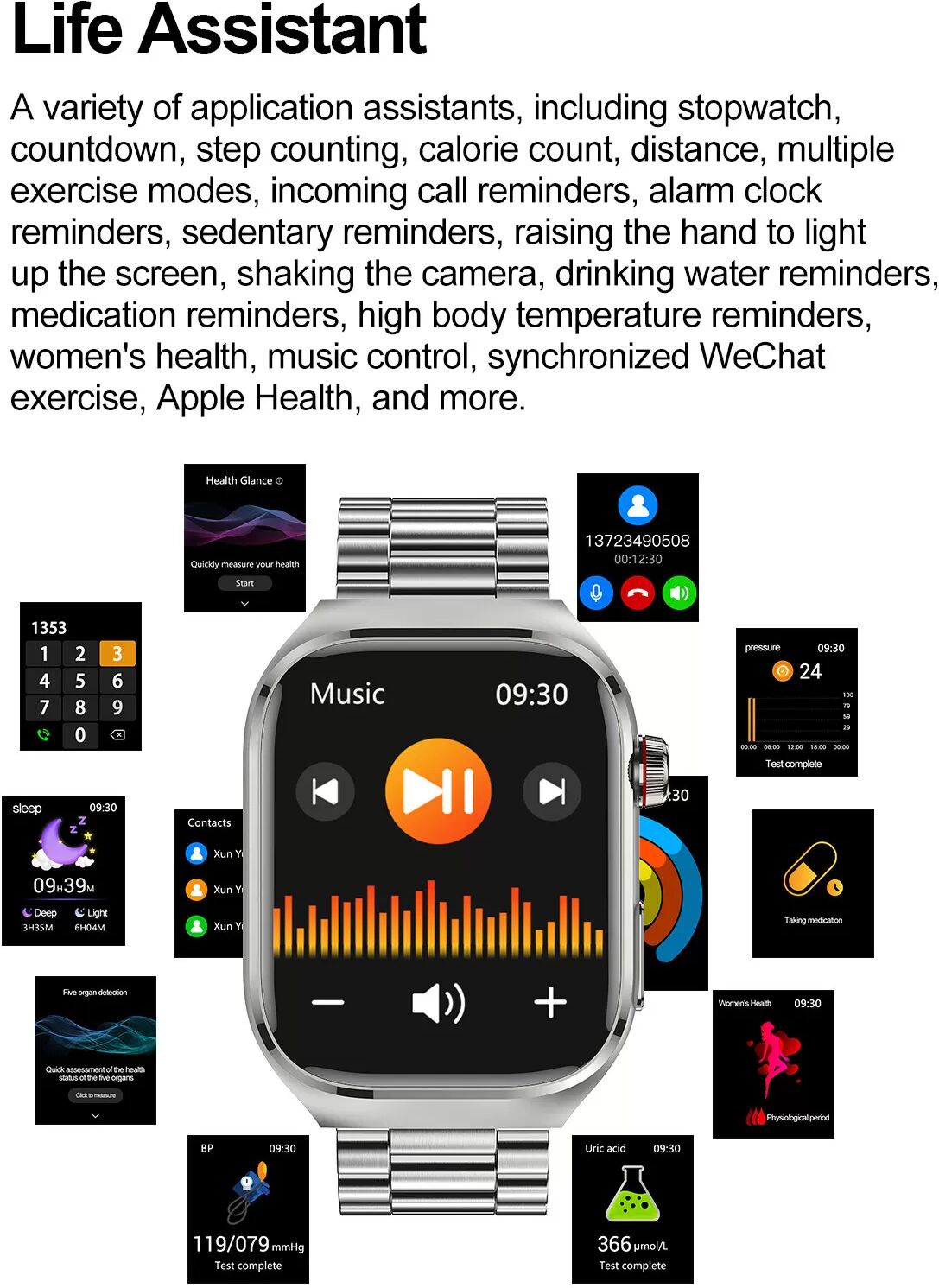 INF Smartwatch mit Edelstahlarmband EKG, Puls, Blutdruck, Schlaf, Schrittzähler