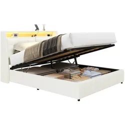 STILVORA Polster-Plattformbett 160x200 mit LED-Beleuchtung und USB-Anschluss, gepolstertes Bettgestell mit Stauraum, modernes Design, stabiler Rahmen, Weiß